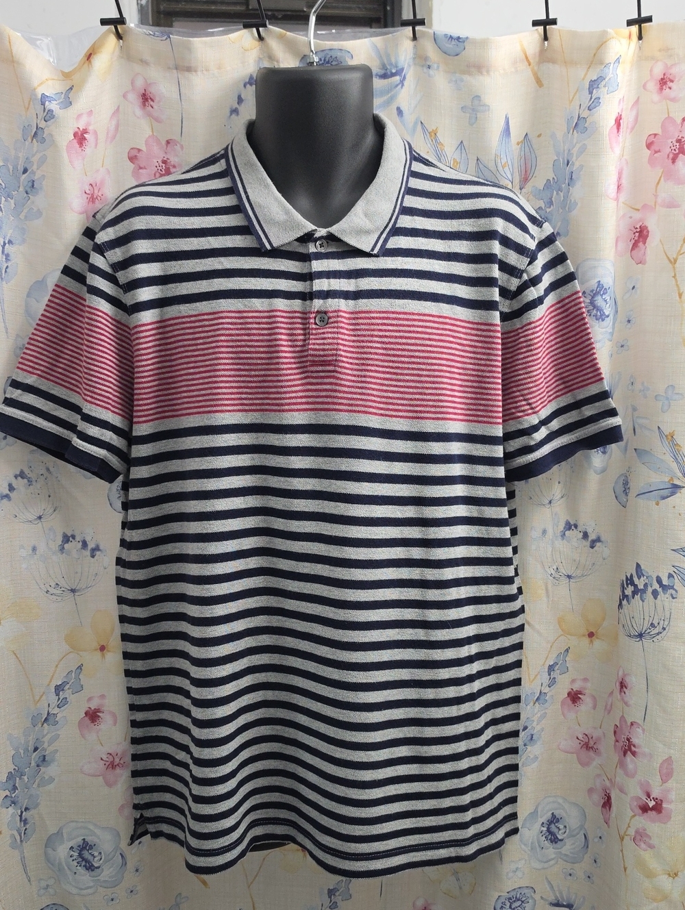 Banana Republic Striped Polo in Navy, Gray And Pink.